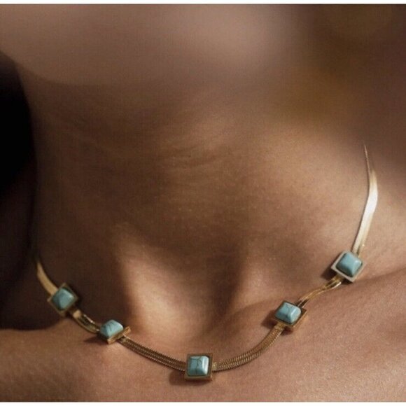 18K Gold Plated turquoise Herringbone necklace Snake Womens Jewelry - Picture 8 of 10